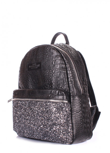 Рюкзак женский кожаный POOLPARTY Mini черный с тиснением под крокодила блестящий